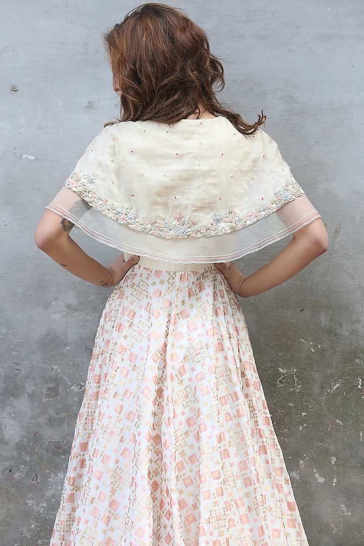 Ivory Printed & Embroidered Cape Gown by I AM DESIGN at Pernia's Pop Up Shop