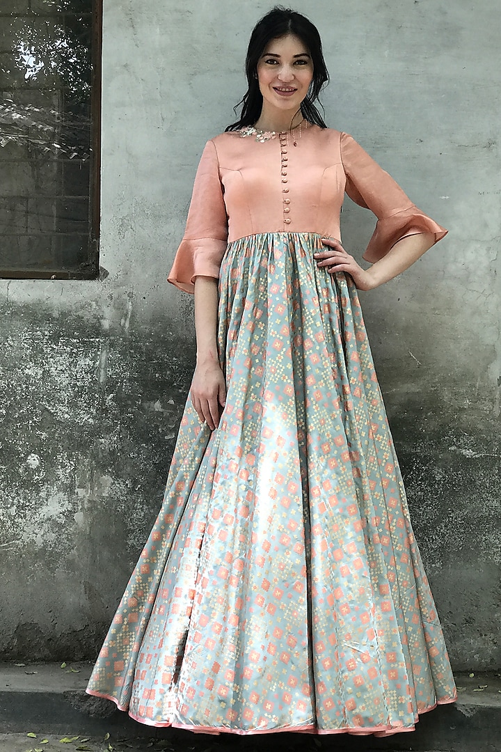 Mint Blue & Peach Printed Embroidered Gown by I AM DESIGN