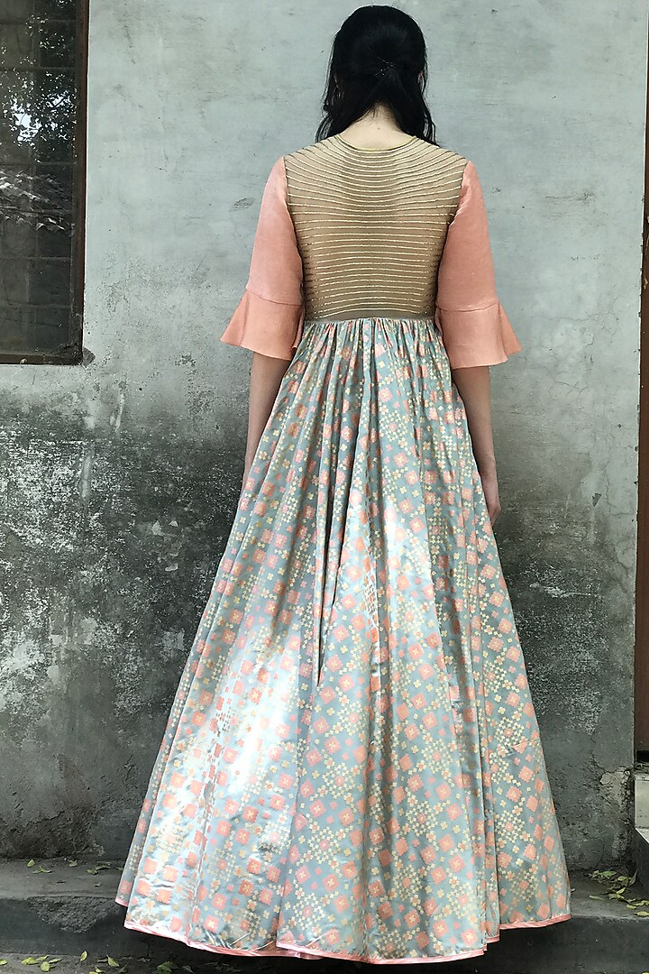 Mint Blue & Peach Printed Embroidered Gown by I AM DESIGN at Pernia's Pop Up Shop