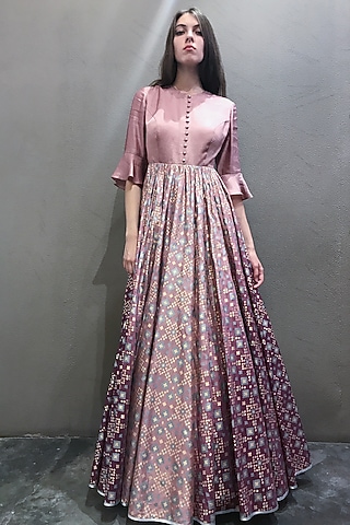 Mauve & Pink Ombre Printed Gown by I AM DESIGN