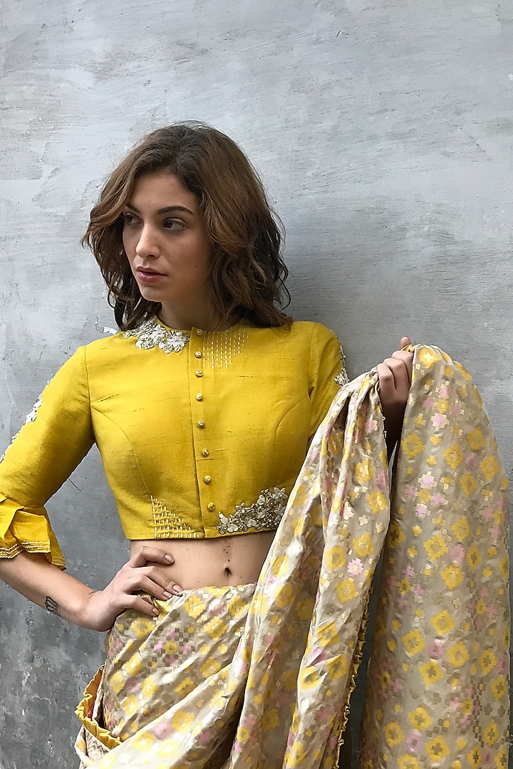 Mustard Floral Embroidered Blouse by I AM DESIGN at Pernia's Pop Up Shop