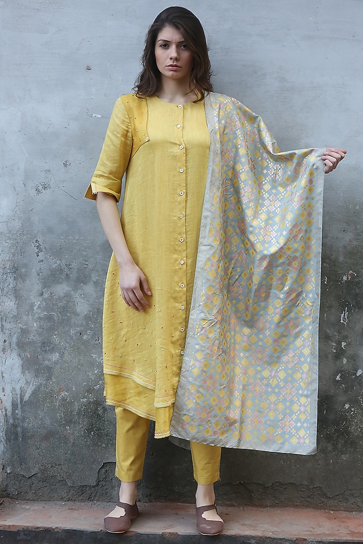 Mustard & Mint Blue Embroidered Kurta Set by I AM DESIGN at Pernia's Pop Up Shop