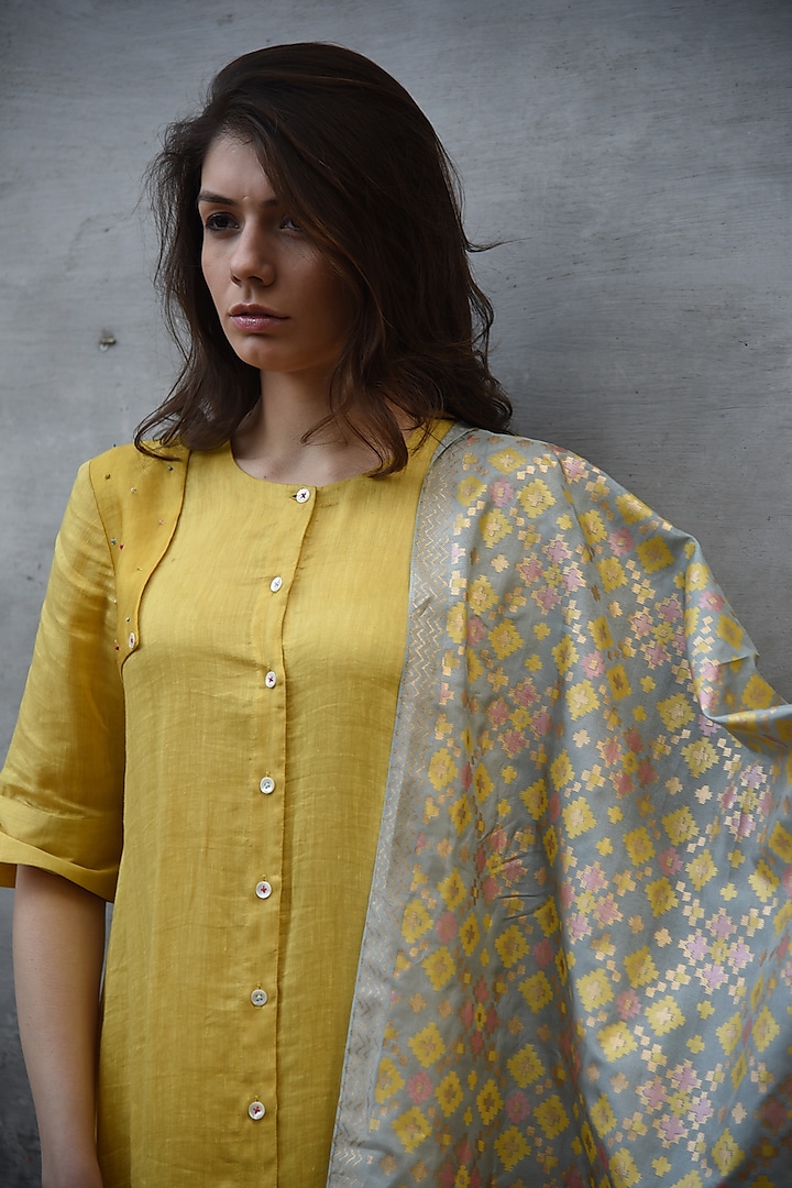 Mustard & Mint Blue Embroidered Kurta Set by I AM DESIGN at Pernia's Pop Up Shop