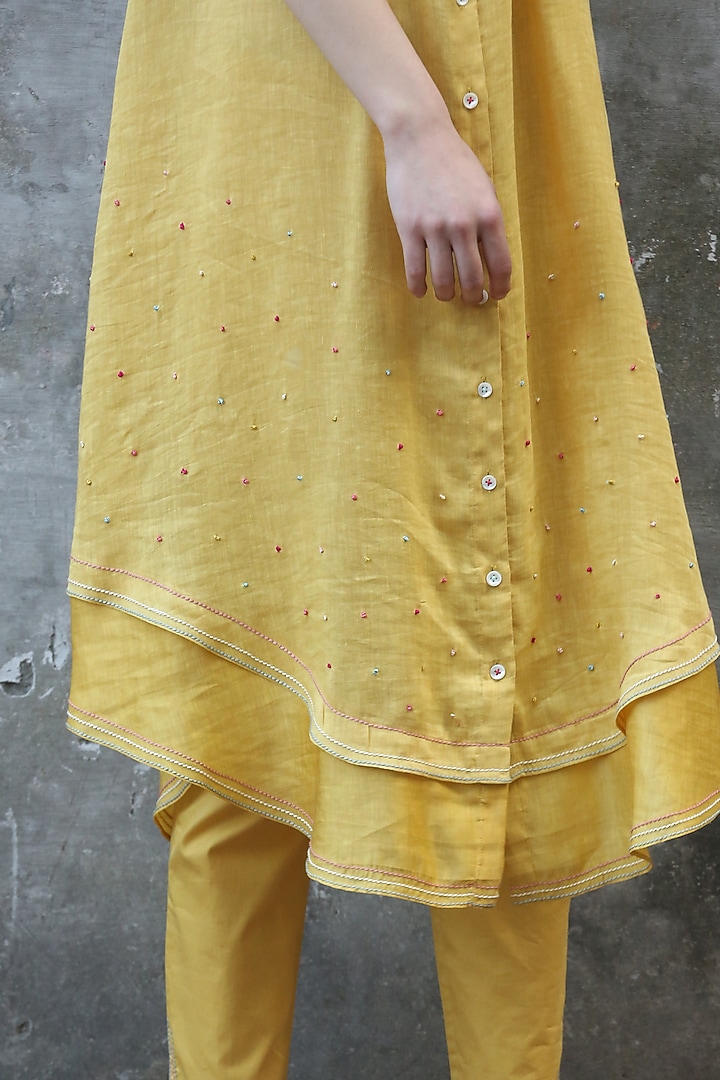 Mustard & Mint Blue Embroidered Kurta Set by I AM DESIGN at Pernia's Pop Up Shop