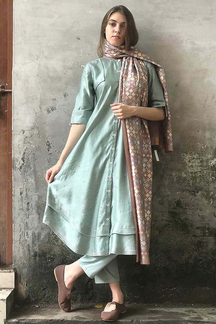 Mint Blue Linen Satin Kantha Embroidered Kurta Set by I AM DESIGN at Pernia's Pop Up Shop