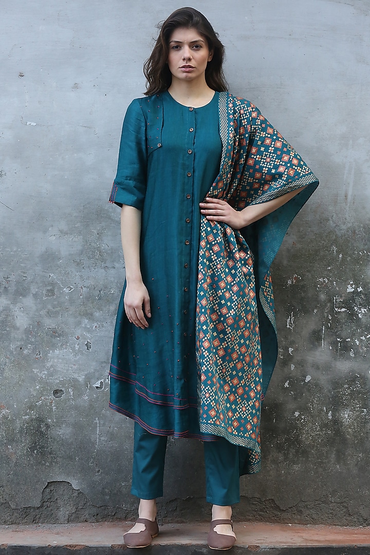 Teal Embroidered & Printed Kurta Set by I AM DESIGN