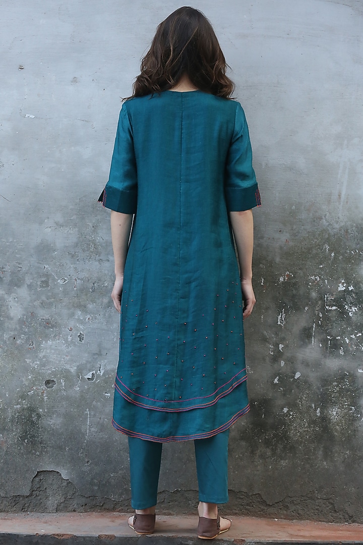 Teal Embroidered & Printed Kurta Set by I AM DESIGN at Pernia's Pop Up Shop