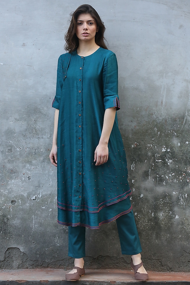 Teal Embroidered & Printed Kurta Set by I AM DESIGN at Pernia's Pop Up Shop