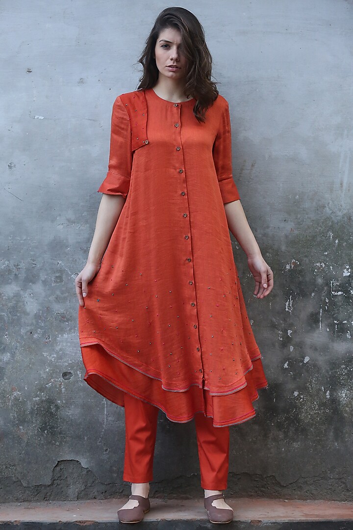Rust Orange Embroidered & Printed Kurta Set by I AM DESIGN at Pernia's Pop Up Shop