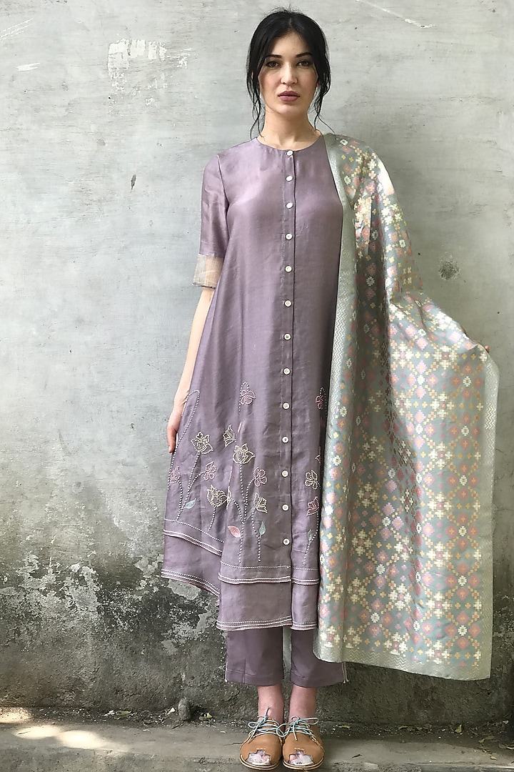 Mauve & Mint Blue Embroidered Printed Kurta Set by I AM DESIGN