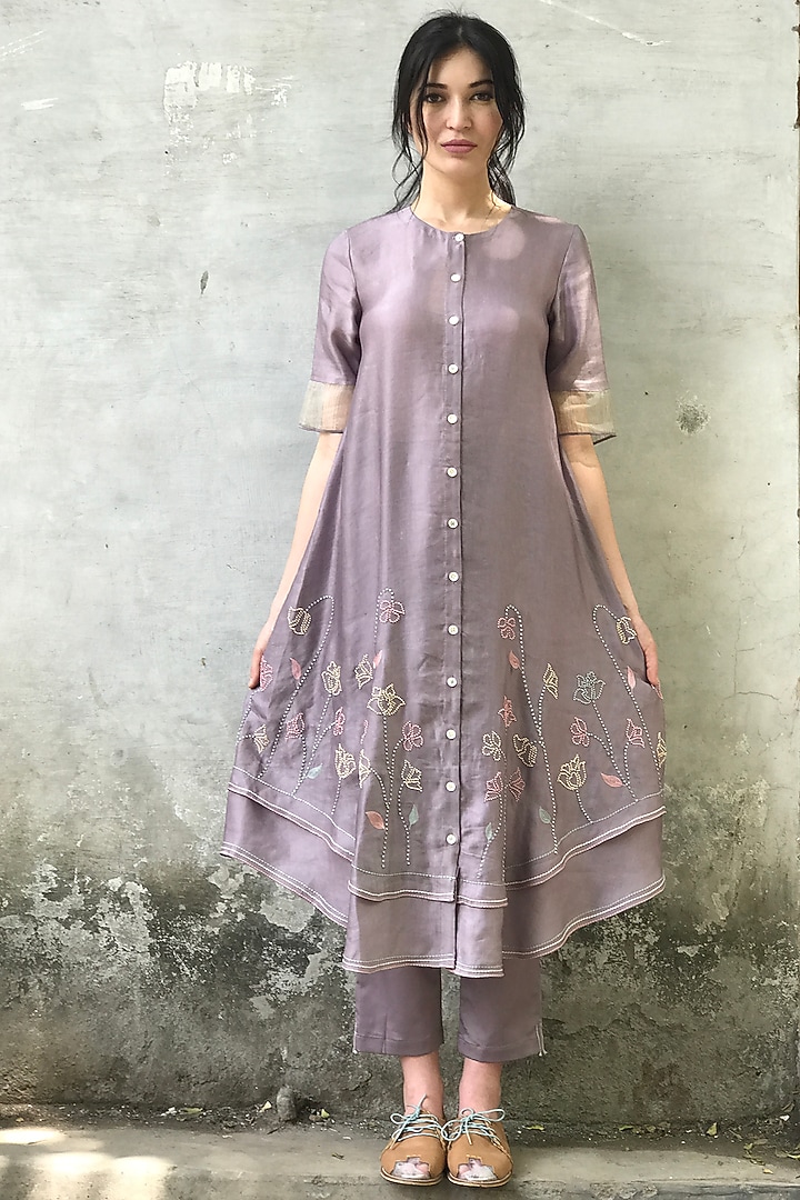 Mauve & Mint Blue Embroidered Printed Kurta Set by I AM DESIGN at Pernia's Pop Up Shop