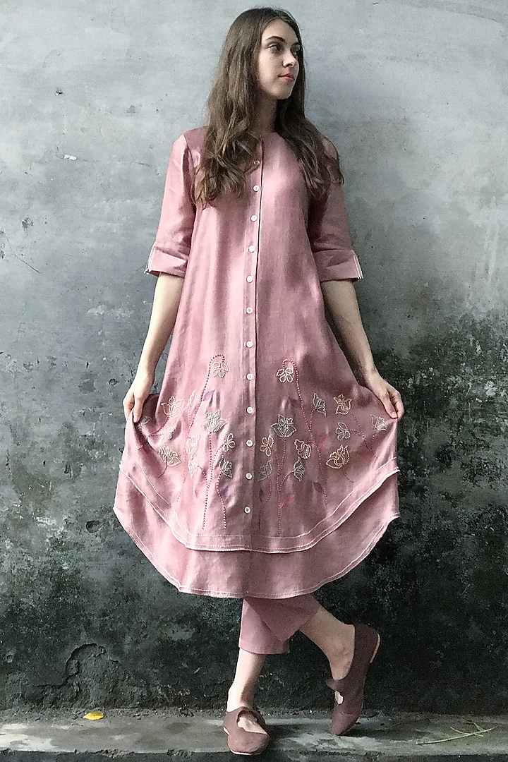 Onion Pink Embroidered & Printed Kurta Set by I AM DESIGN at Pernia's Pop Up Shop