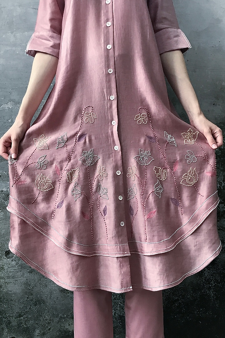 Onion Pink Embroidered & Printed Kurta Set by I AM DESIGN at Pernia's Pop Up Shop