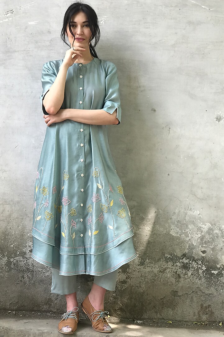 Mint Blue & Onion Pink Embroidered Printed Kurta Set by I AM DESIGN at Pernia's Pop Up Shop