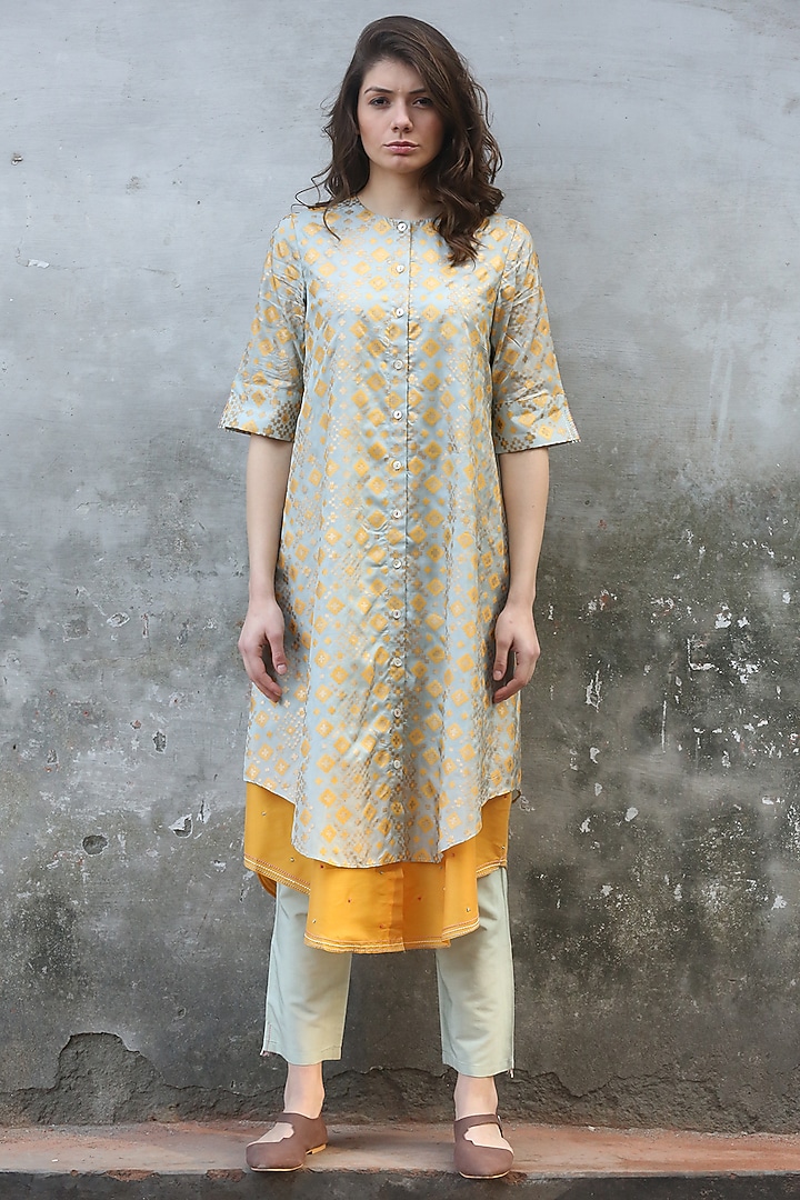 Mint Blue & Mustard Printed Kurta With Pants by I AM DESIGN at Pernia's Pop Up Shop