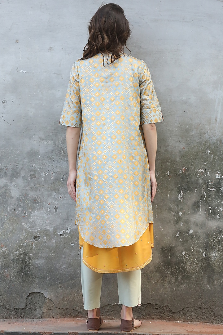 Mint Blue & Mustard Printed Kurta With Pants by I AM DESIGN at Pernia's Pop Up Shop