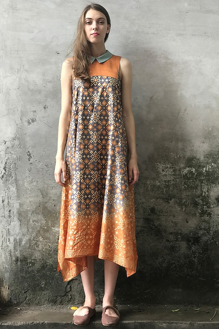 Dust Orange & Grey Printed Cowl Kurta Dress by I AM DESIGN