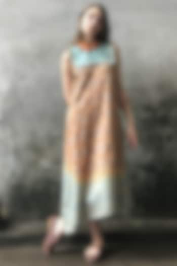 Mint Blue & Dust Orange Printed Cowl Kurta Dress by I AM DESIGN