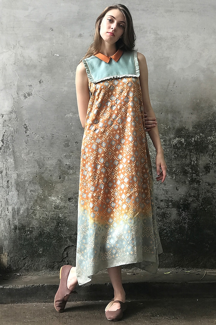 Mint Blue & Dust Orange Printed Cowl Kurta Dress by I AM DESIGN