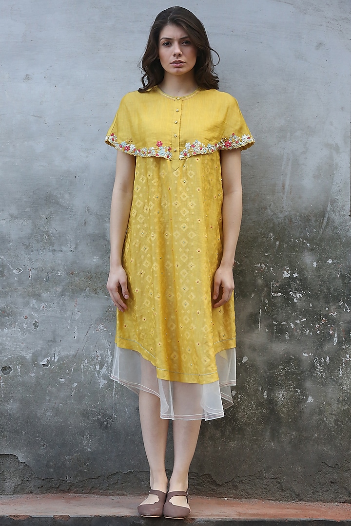 Mustard Printed & Embroidered Kurta Dress by I AM DESIGN