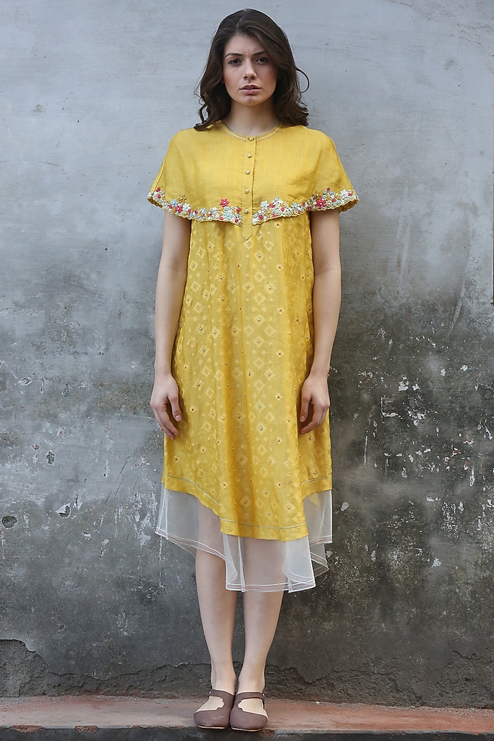 Mustard Printed & Embroidered Kurta Dress by I AM DESIGN at Pernia's Pop Up Shop