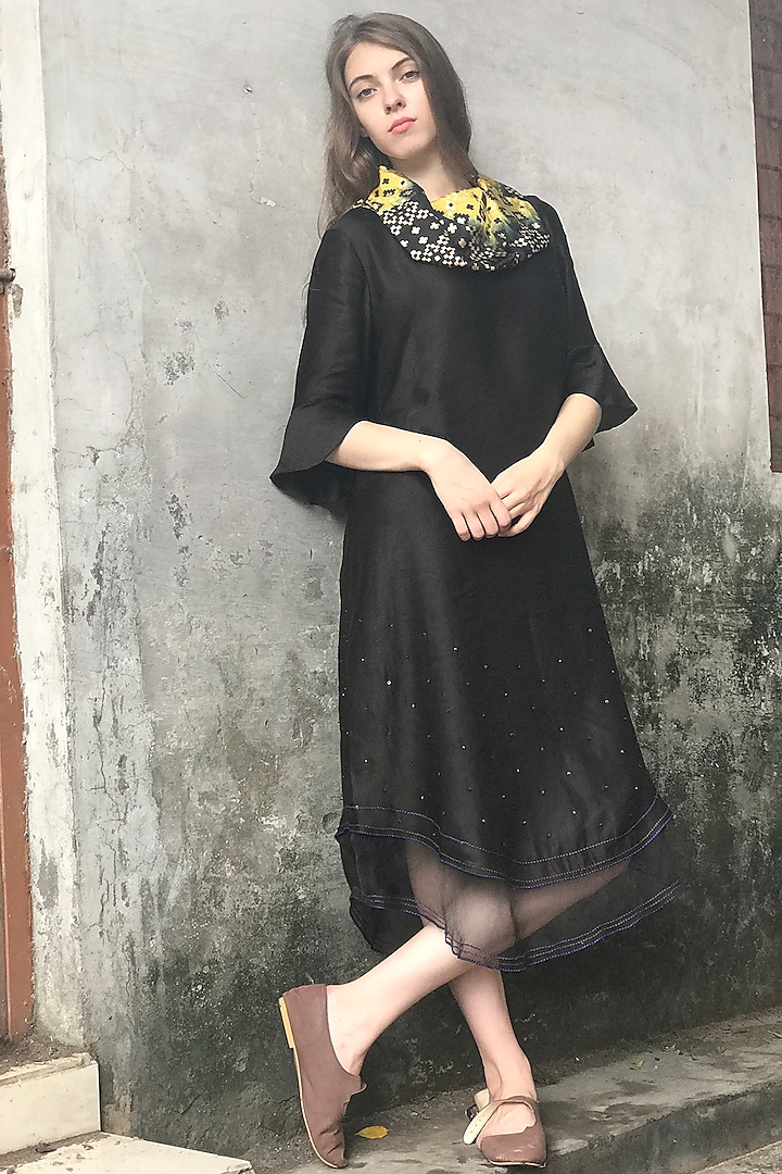 Black Printed & Embroidered Kurta Dress by I AM DESIGN