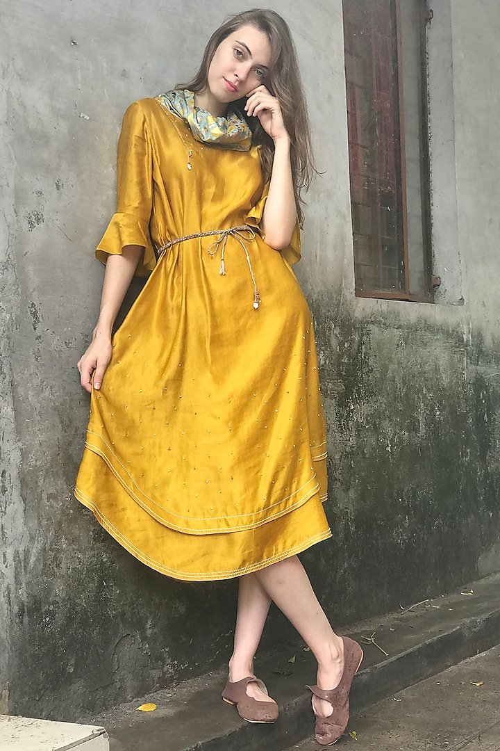 Mustard Printed & Embroidered Cowl Kurta Dress by I AM DESIGN