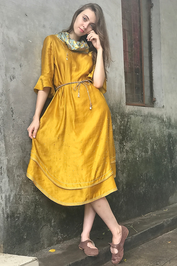 Mustard Printed & Embroidered Cowl Kurta Dress by I AM DESIGN at Pernia's Pop Up Shop