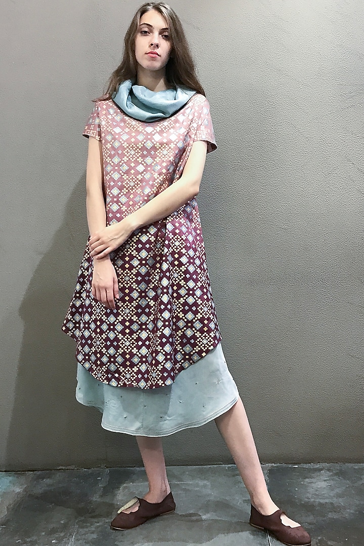 Mauve Printed Kurta Dress With Attached Scarf by I AM DESIGN