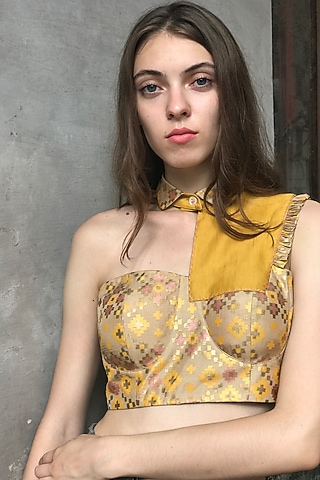 Mustard Printed Crop Top by I AM DESIGN