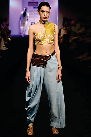 Sky Blue Embroidered Pleated Cowl Pants by I AM DESIGN