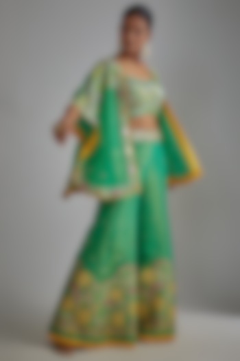 Green Silk Zari Hand Printed Sharara Set by I AM DESIGN at Pernia's Pop Up Shop