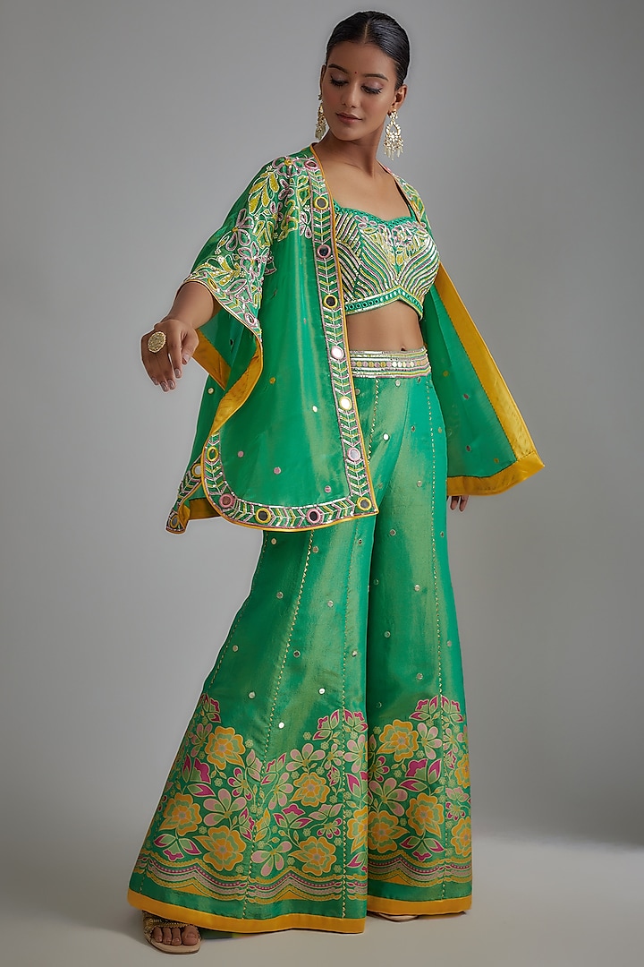 Green Silk Zari Hand Printed Sharara Set by I AM DESIGN at Pernia's Pop Up Shop