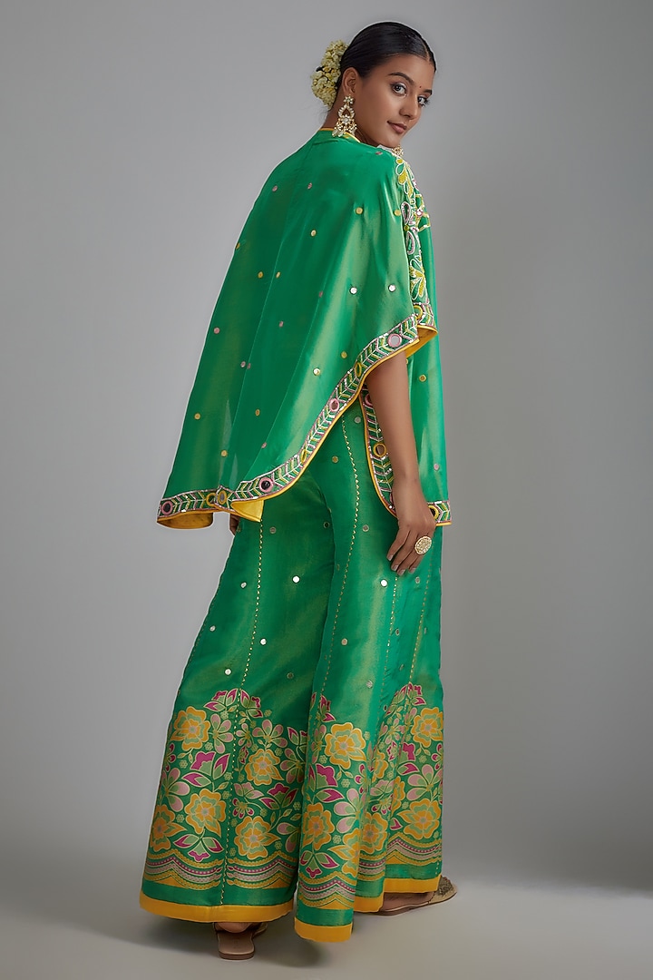 Green Silk Zari Hand Printed Wedding Sharara Set by I AM DESIGN at Pernia's Pop Up Shop
