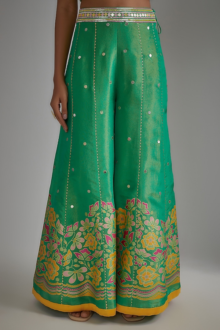 Green Silk Zari Hand Printed Wedding Sharara Set by I AM DESIGN at Pernia's Pop Up Shop