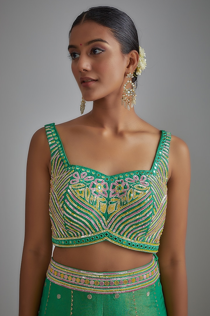 Green Silk Zari Hand Printed Wedding Sharara Set by I AM DESIGN at Pernia's Pop Up Shop