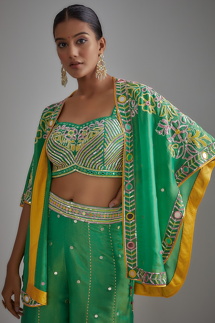 Green Silk Zari Hand Printed Wedding Sharara Set by I AM DESIGN at Pernia's Pop Up Shop