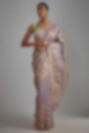 Mauve Silk Zari Hand Printed Saree Set by I AM DESIGN