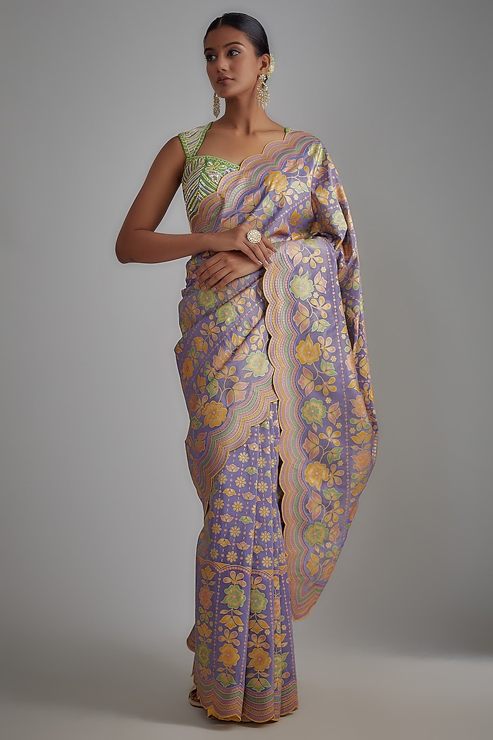Mauve Silk Zari Hand Printed Saree Set by I AM DESIGN