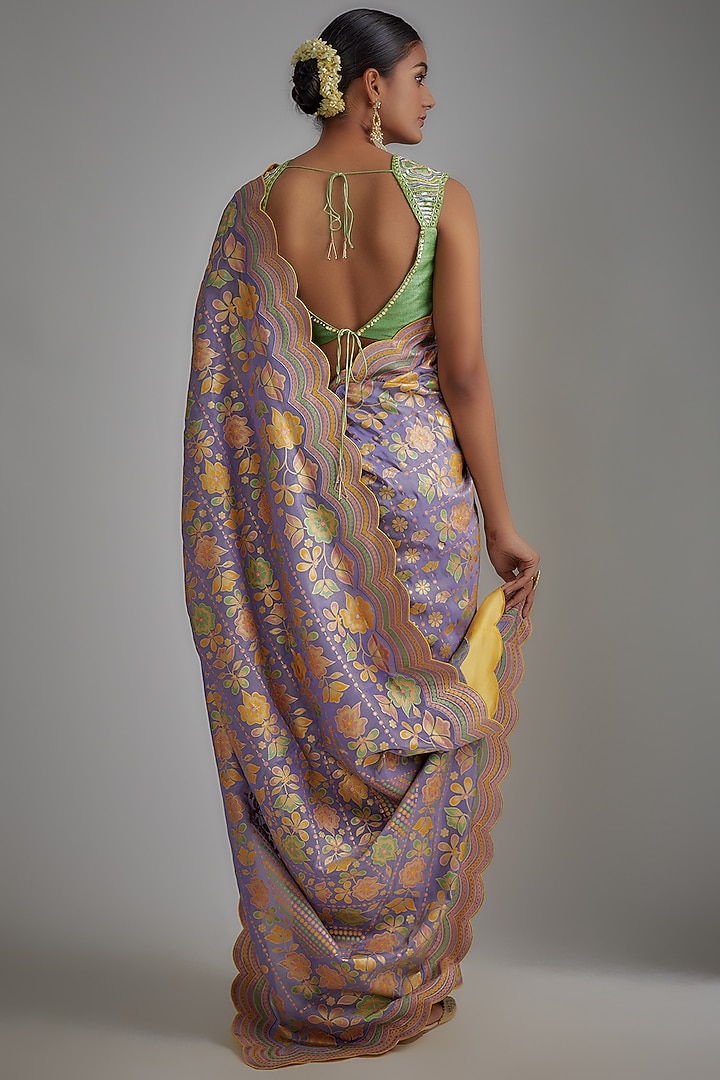 Mauve Silk Zari Hand Printed Wedding Saree Set by I AM DESIGN at Pernia's Pop Up Shop