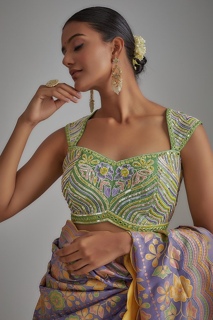 Mauve Silk Zari Hand Printed Wedding Saree Set by I AM DESIGN at Pernia's Pop Up Shop