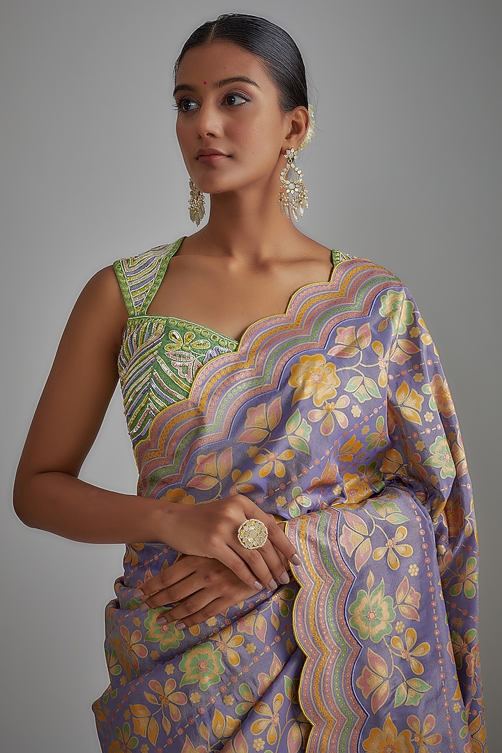 Mauve Silk Zari Hand Printed Wedding Saree Set by I AM DESIGN at Pernia's Pop Up Shop
