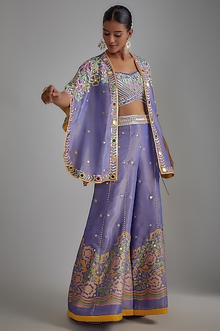 Mauve Silk Zari Hand Printed Sharara Set by I AM DESIGN