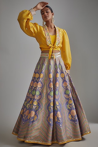 Mauve Silk Zari Hand Printed Lehenga Set by I AM DESIGN