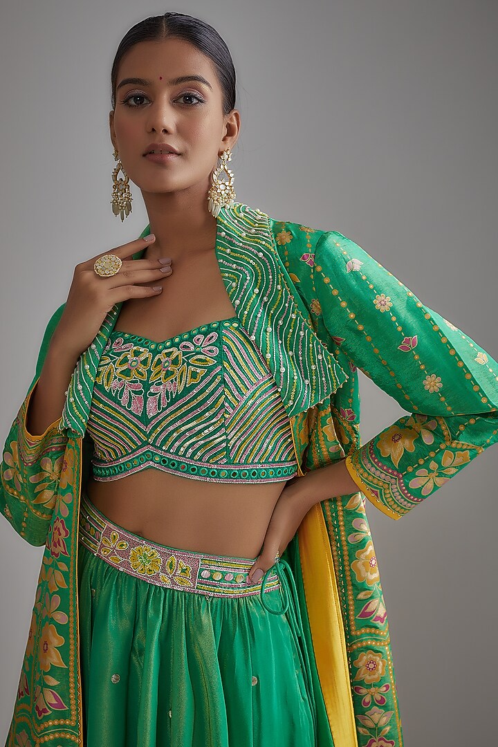 Green Silk Zari Embellished & Printed Jacket Wedding Lehenga Set by I AM DESIGN at Pernia's Pop Up Shop