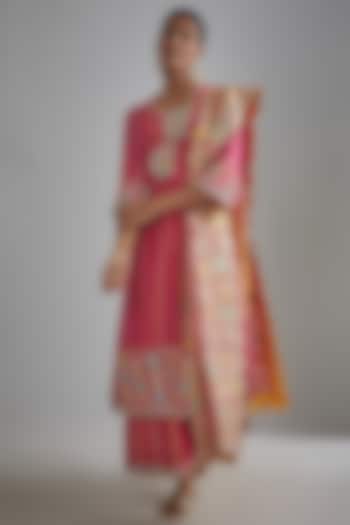Hot Pink Silk Zari Hand Embroidered Kurta Set by I AM DESIGN