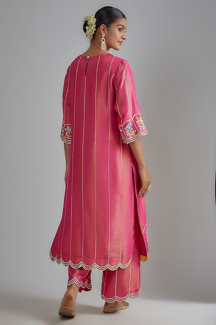Hot Pink Silk Zari Hand Embroidered Kurta Set by I AM DESIGN at Pernia's Pop Up Shop