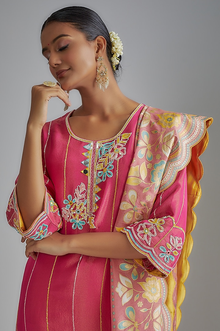 Hot Pink Silk Zari Hand Embroidered Kurta Set by I AM DESIGN at Pernia's Pop Up Shop