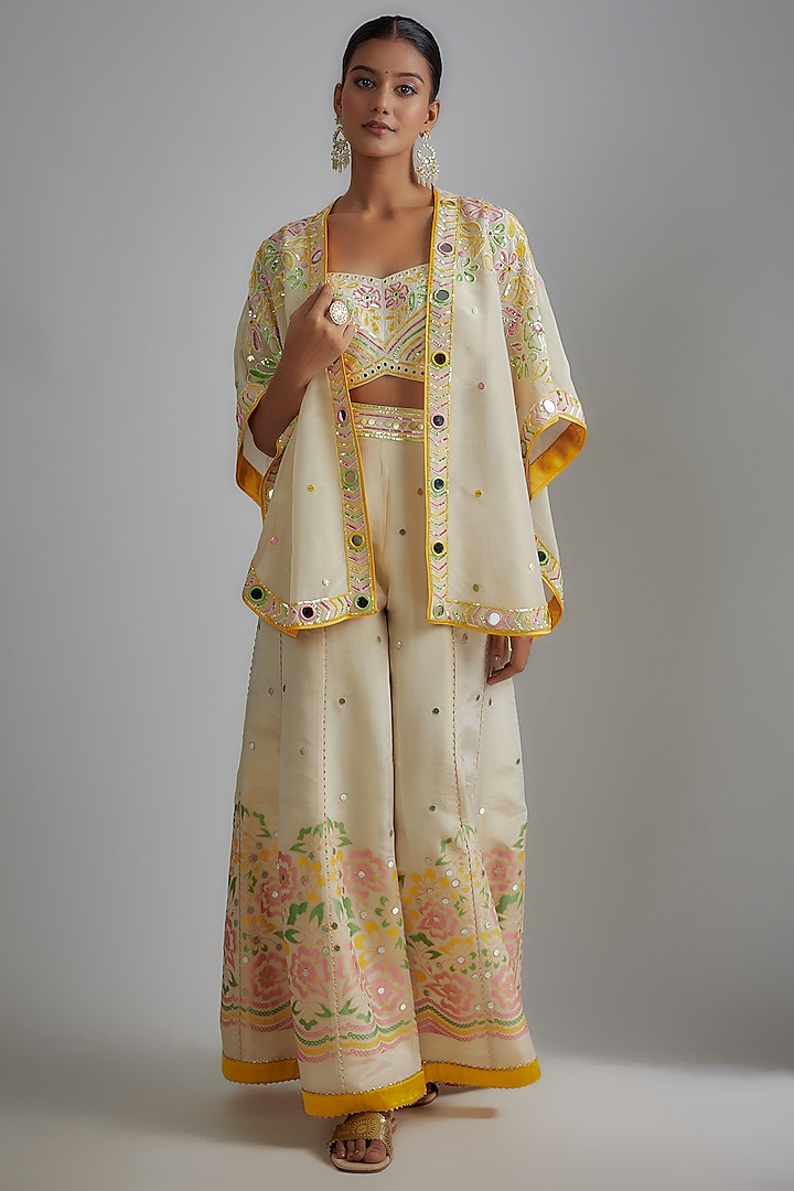 Ivory Silk Zari Hand Printed Sharara Set by I AM DESIGN at Pernia's Pop Up Shop