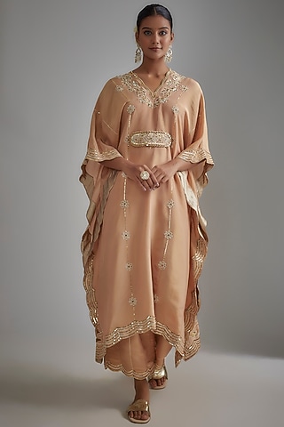 Rose Gold Silk Zari Hand Printed Kaftan Set by I AM DESIGN